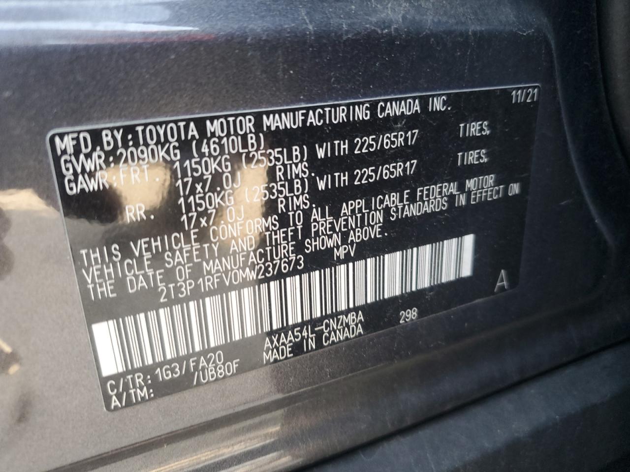 2T3P1RFV0MW237673 2021 Toyota Rav4 Xle