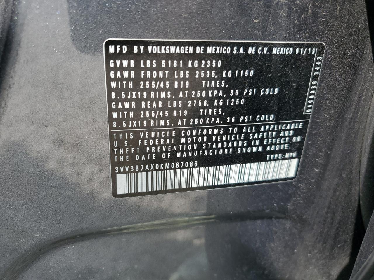 3VV3B7AX0KM087086 2019 Volkswagen Tiguan Se