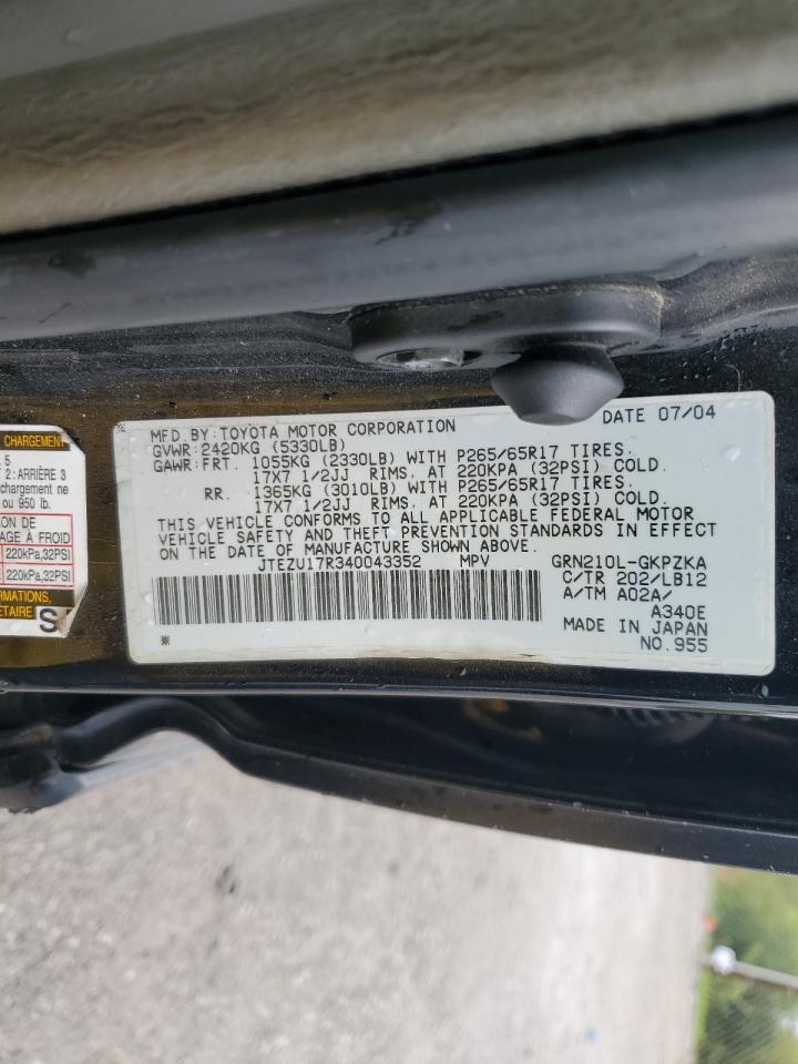 2004 Toyota 4Runner Limited VIN: JTEZU17R340043352 Lot: 73034964