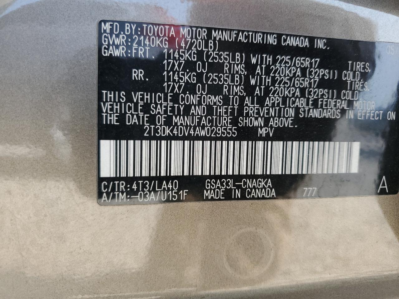 2010 Toyota Rav4 Limited VIN: 2T3DK4DV4AW029555 Lot: 71117674