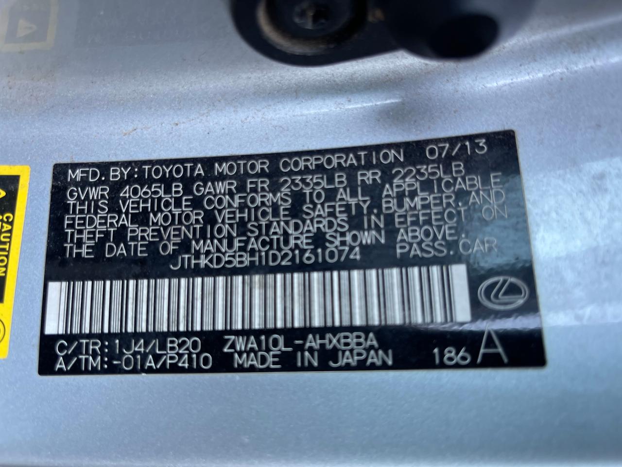 JTHKD5BH1D2161074 2013 Lexus Ct 200