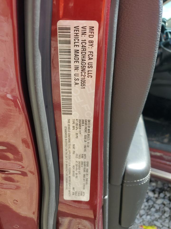 2022 Dodge Durango Sxt VIN: 1C4RDHAG6NC210551 Lot: 72852694