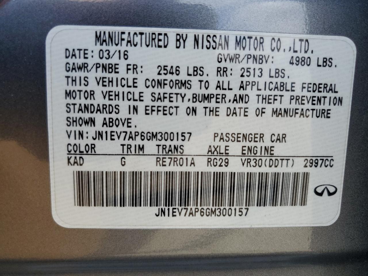 JN1EV7AP6GM300157 2016 Infiniti Q50 Premium