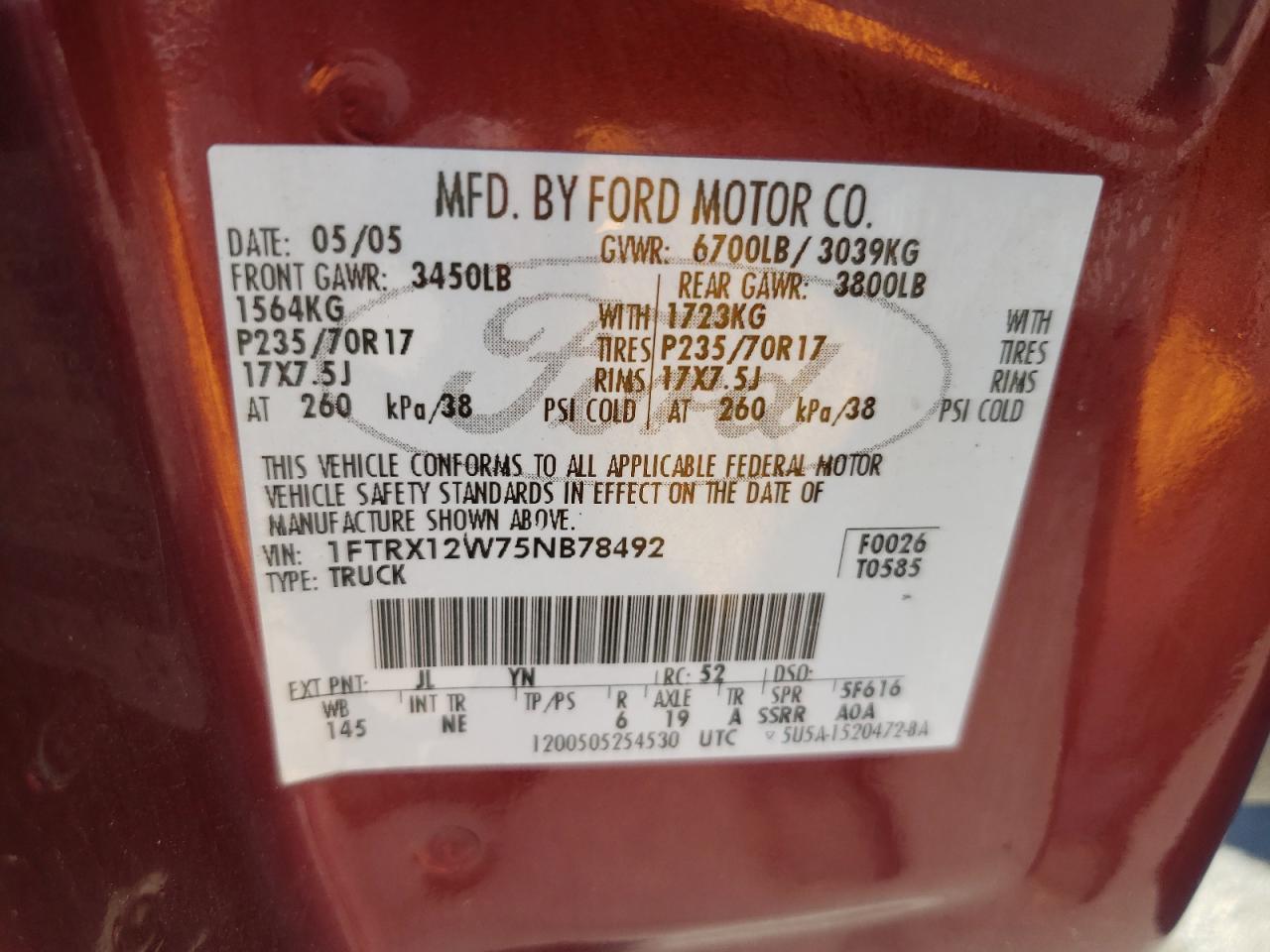 1FTRX12W75NB78492 2005 Ford F150