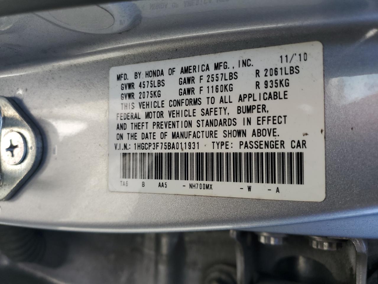 1HGCP3F75BA011931 2011 Honda Accord Ex