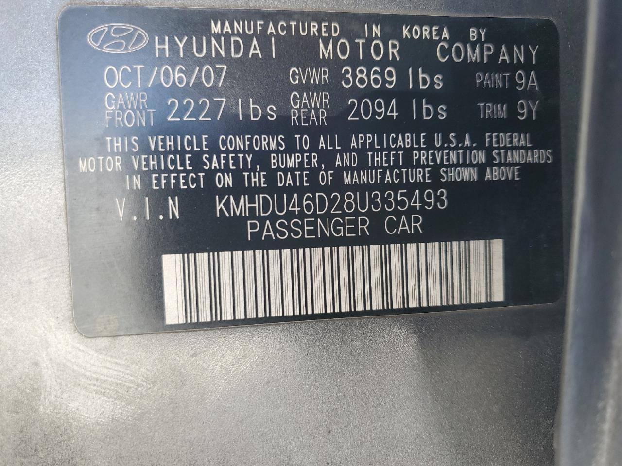 2008 Hyundai Elantra Gls VIN: KMHDU46D28U335493 Lot: 71659744