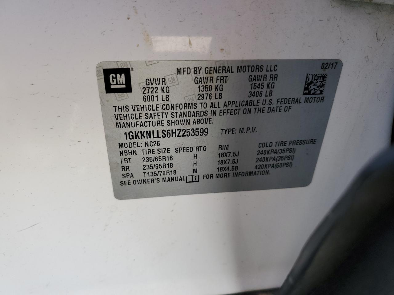 1GKKNLLS6HZ253599 2017 GMC Acadia Sle