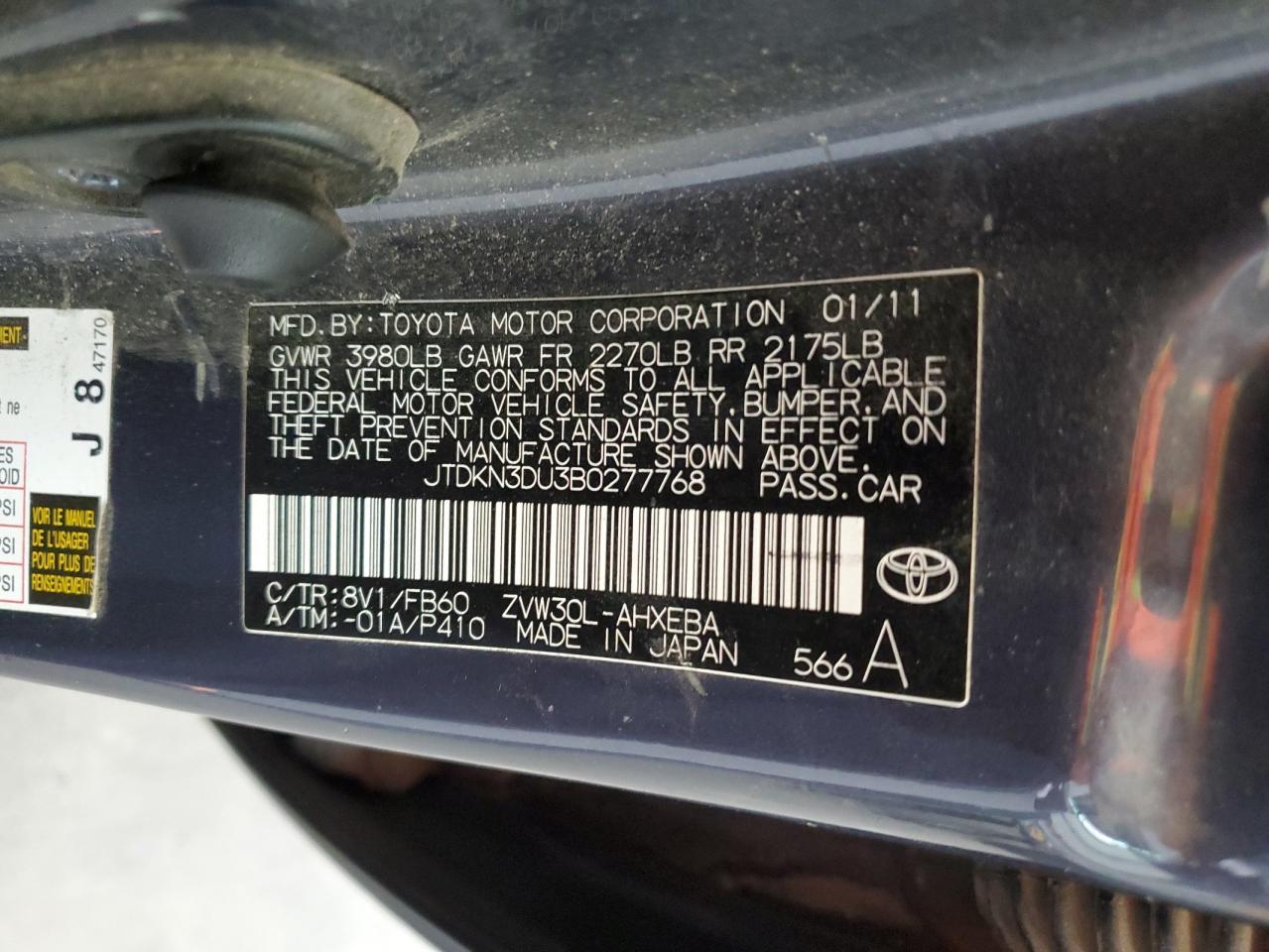 JTDKN3DU3B0277768 2011 Toyota Prius