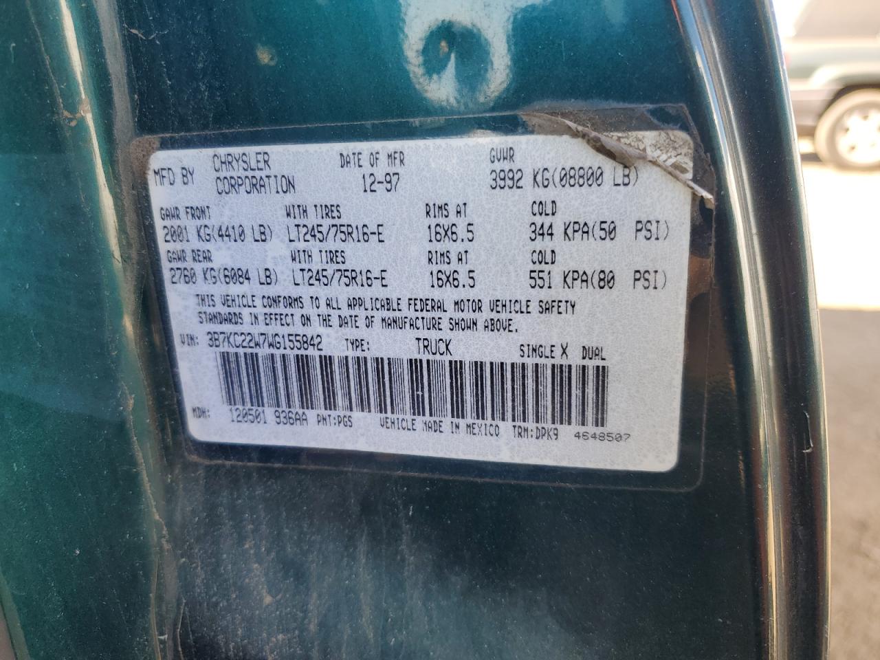 1998 Dodge Ram 2500 VIN: 3B7KC22W7WG155842 Lot: 59343985