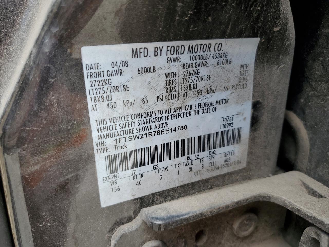 1FTSW21R78EE14780 2008 Ford F250 Super Duty