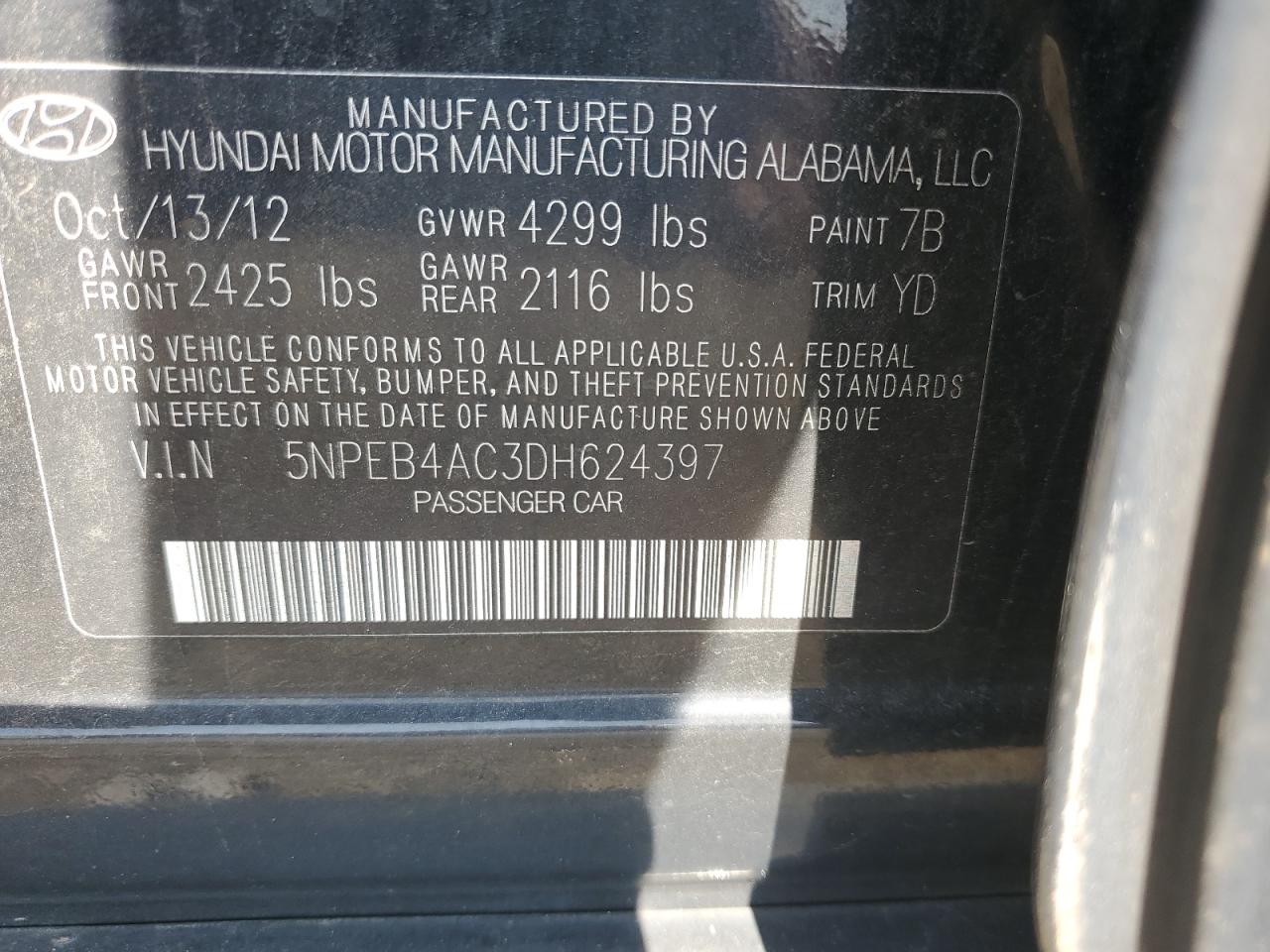 5NPEB4AC3DH624397 2013 Hyundai Sonata Gls