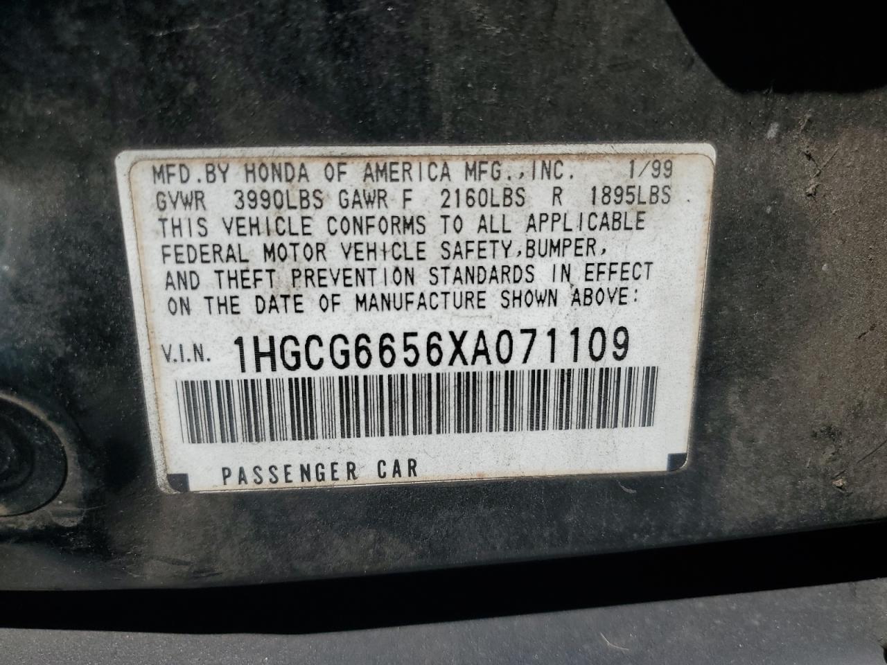 1HGCG6656XA071109 1999 Honda Accord Lx