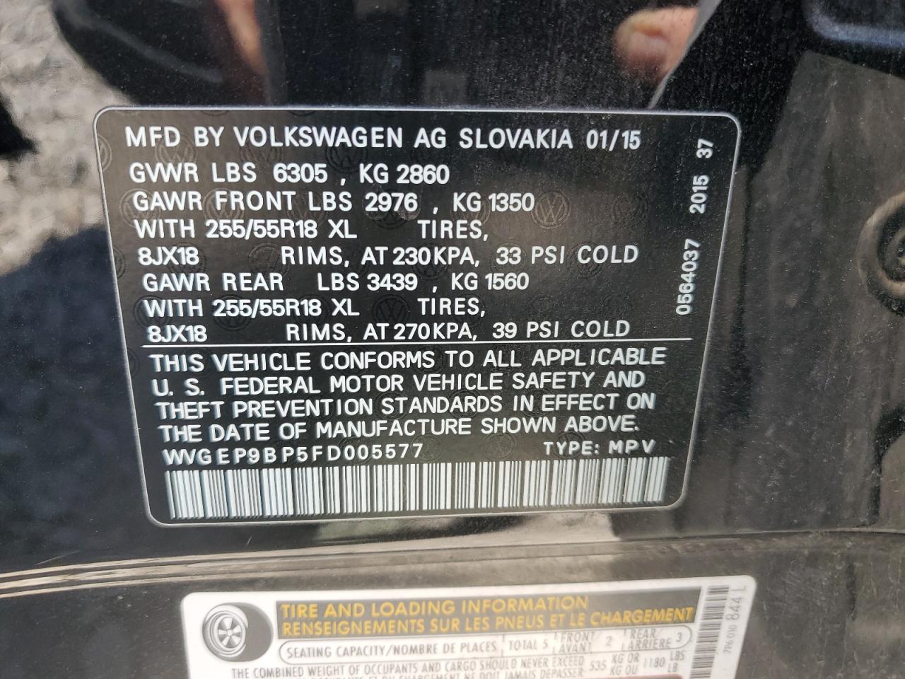 WVGEP9BP5FD005577 2015 Volkswagen Touareg V6 Tdi