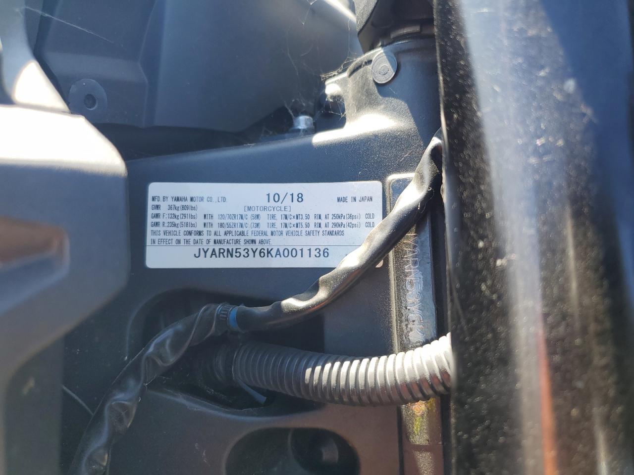 2019 Yamaha Mt09 C VIN: JYARN53Y6KA001136 Lot: 72408344