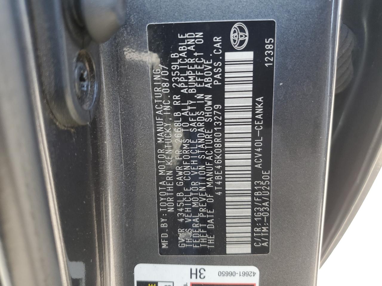 4T4BE46K08R013279 2008 Toyota Camry Ce