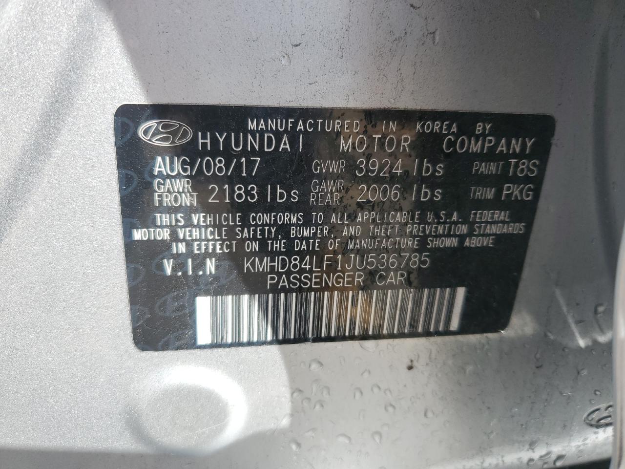 KMHD84LF1JU536785 2018 Hyundai Elantra Sel