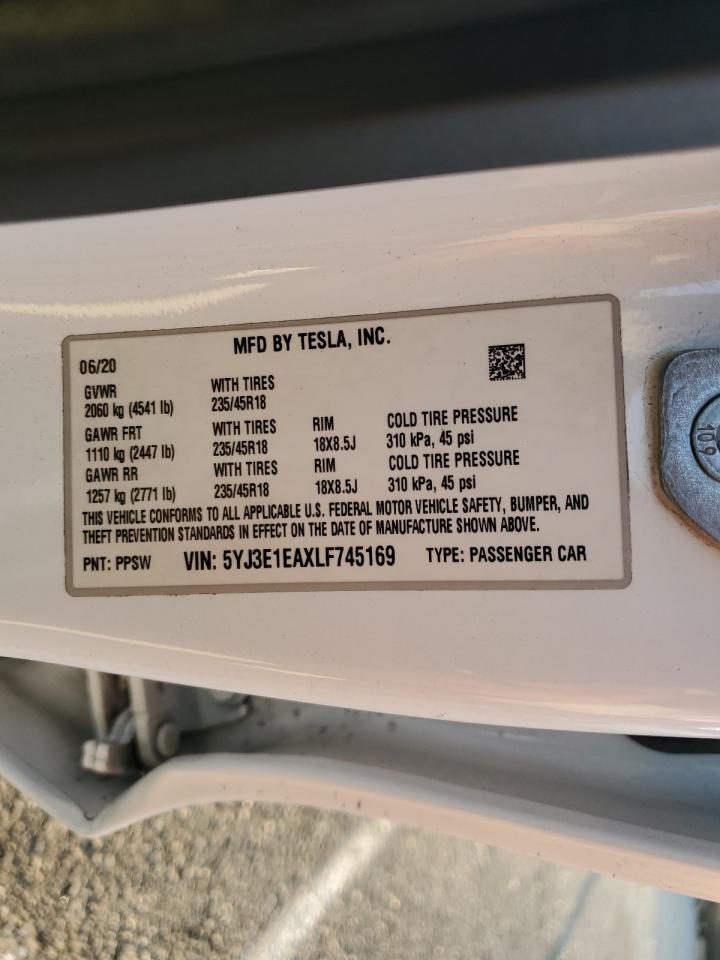 5YJ3E1EAXLF745169 2020 Tesla Model 3