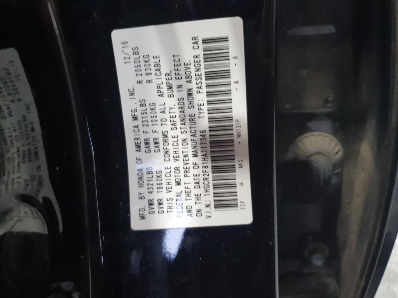 1HGCR2F81HA117346 2017 Honda Accord Exl