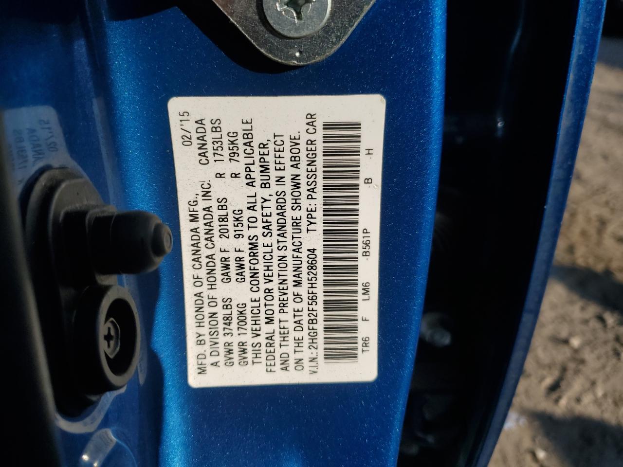 2HGFB2F56FH528604 2015 Honda Civic Lx