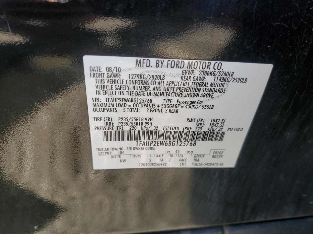 1FAHP2EW6BG125768 2011 Ford Taurus Sel