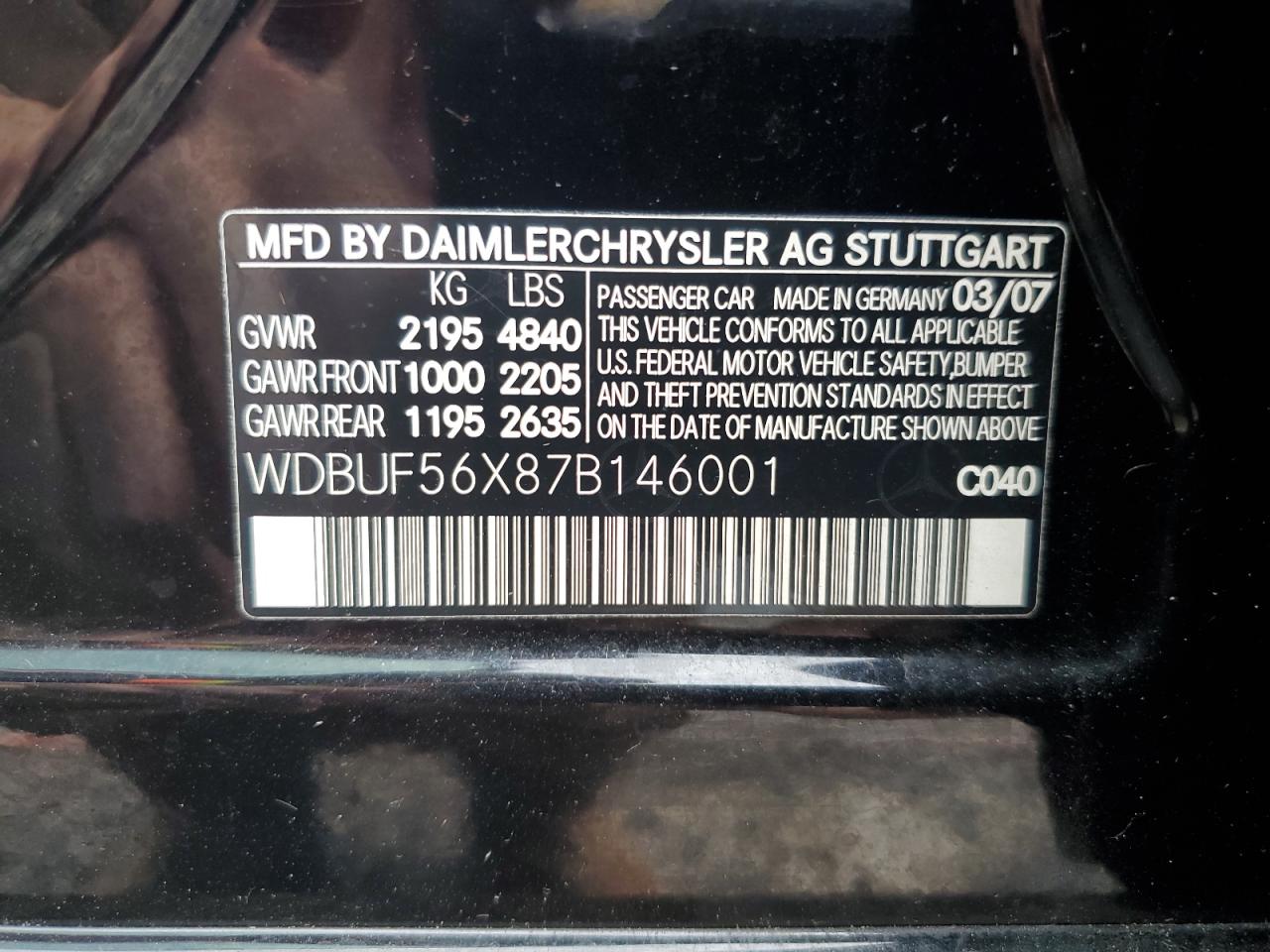 2007 Mercedes-Benz E 350 VIN: WDBUF56X87B146001 Lot: 70307074