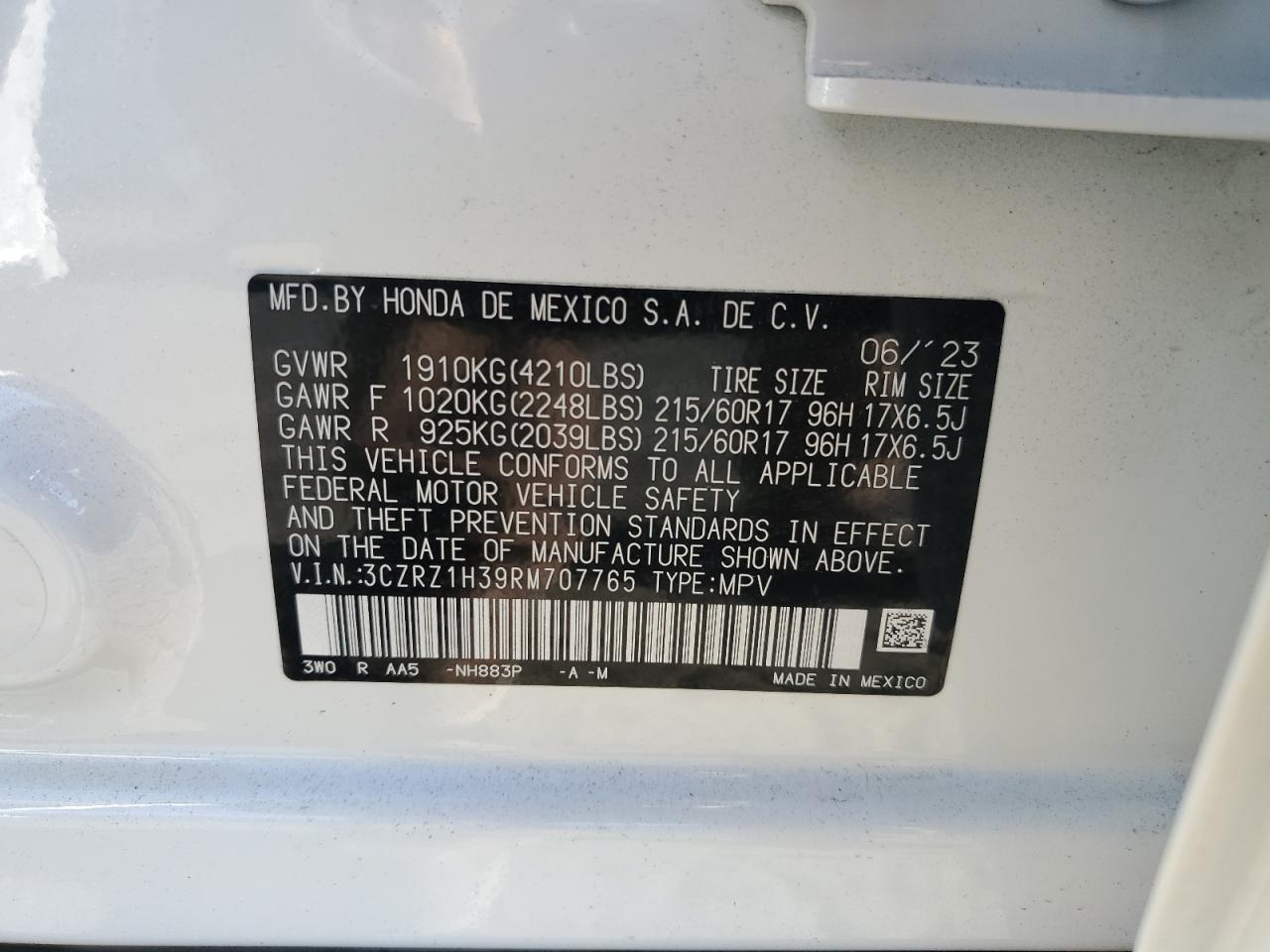 3CZRZ1H39RM707765 2024 Honda Hr-V Lx