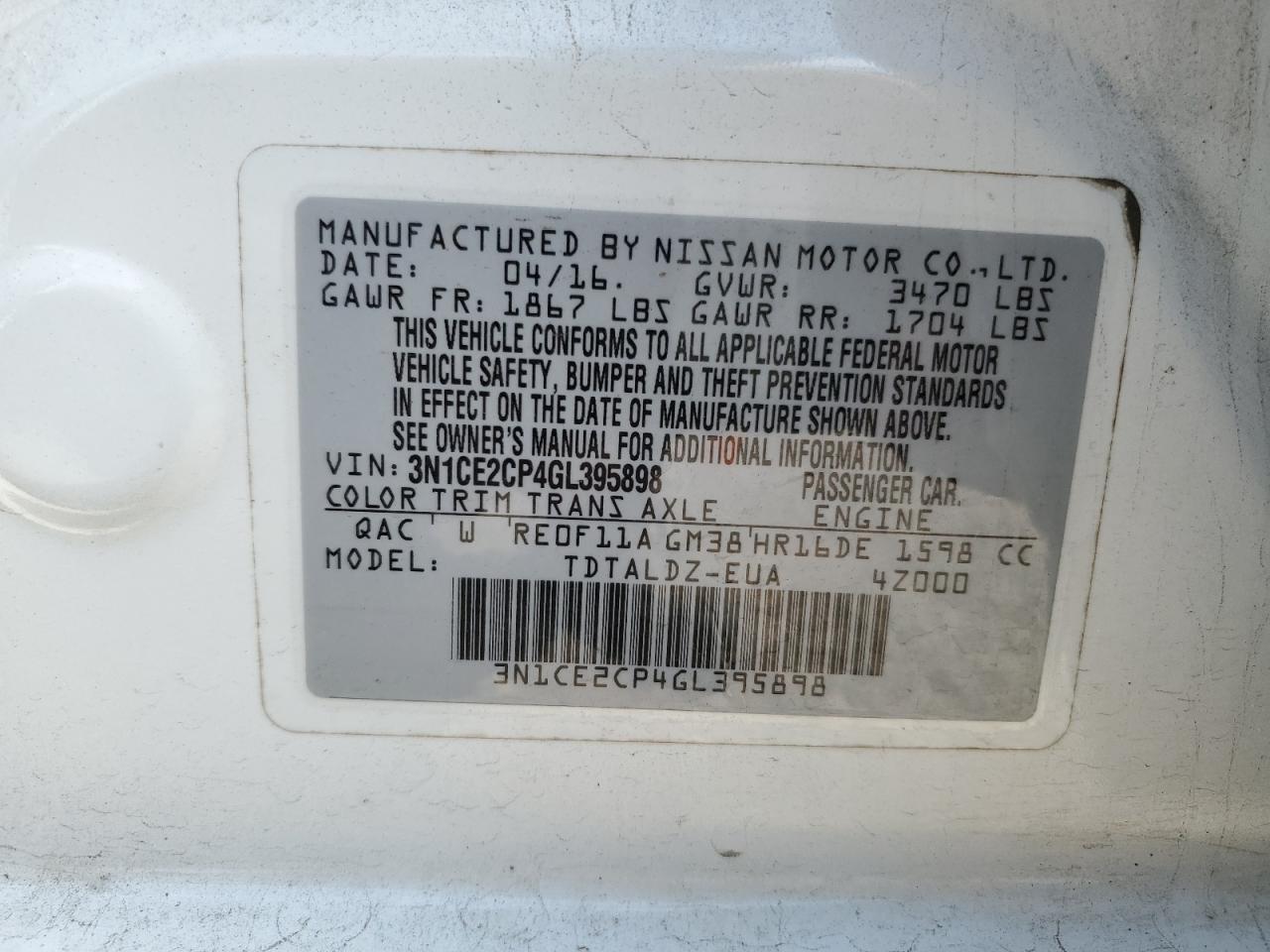 3N1CE2CP4GL395898 2016 Nissan Versa Note S