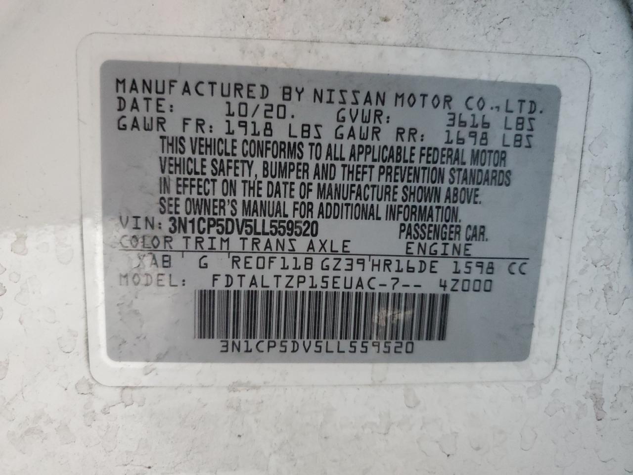 3N1CP5DV5LL559520 2020 Nissan Kicks Sr