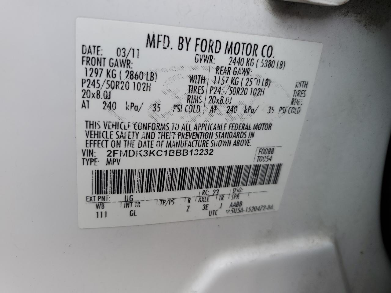 2FMDK3KC1BBB13232 2011 Ford Edge Limited