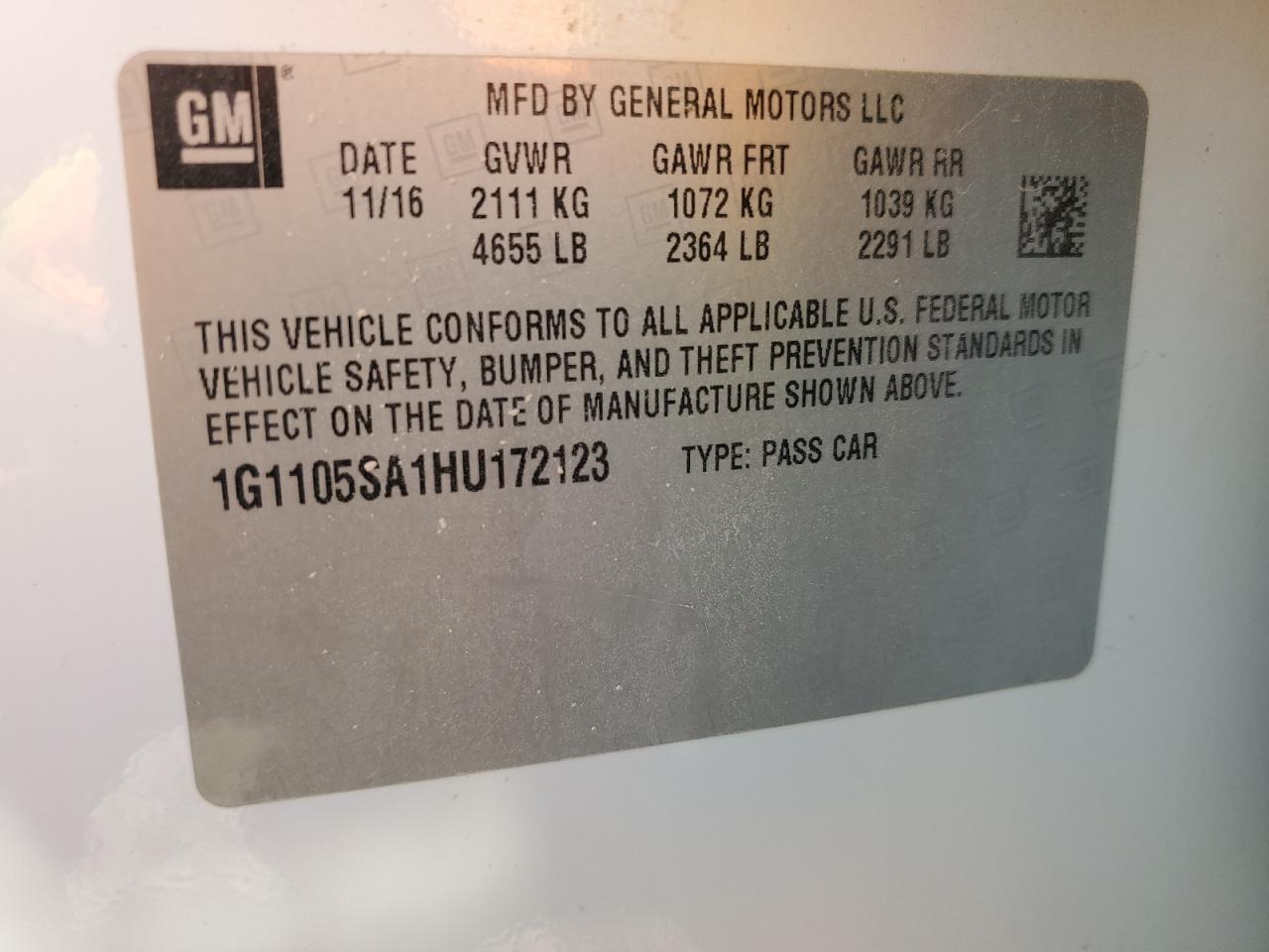 1G1105SA1HU172123 2017 Chevrolet Impala Lt