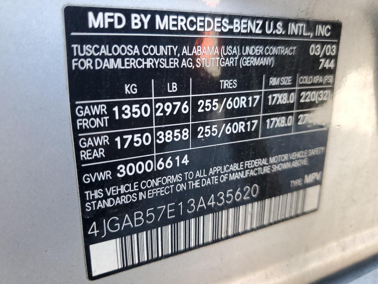 4JGAB57E13A435620 2003 Mercedes-Benz Ml 350