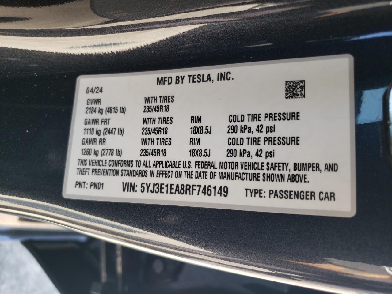 2024 Tesla Model 3 VIN: 5YJ3E1EA8RF746149 Lot: 71294214