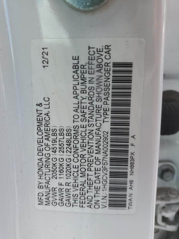 1HGCV3F57NA002902 2022 Honda Accord Hybrid Exl