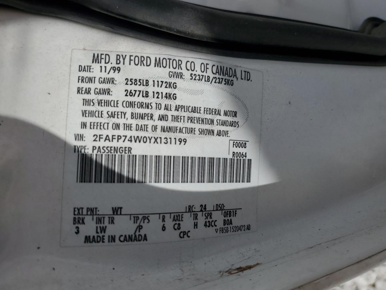 2000 Ford Crown Victoria Lx VIN: 2FAFP74W0YX131199 Lot: 72509934
