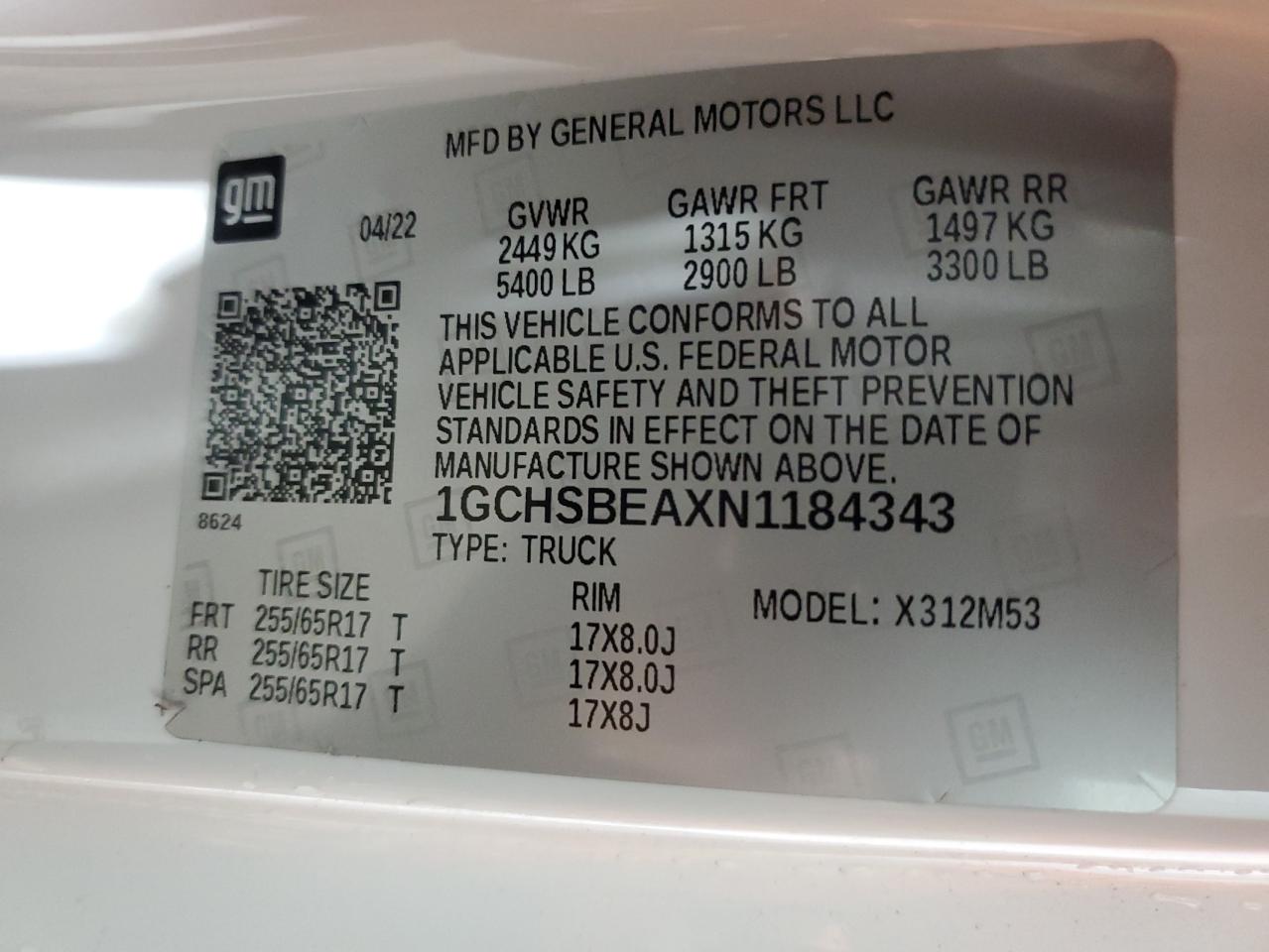 1GCHSBEAXN1184343 2022 Chevrolet Colorado