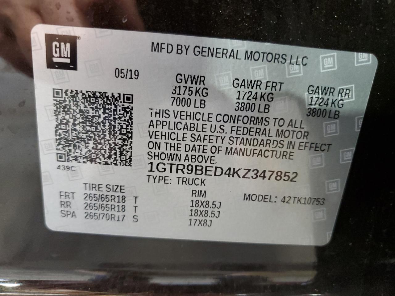 1GTR9BED4KZ347852 2019 GMC Sierra K1500 Sle