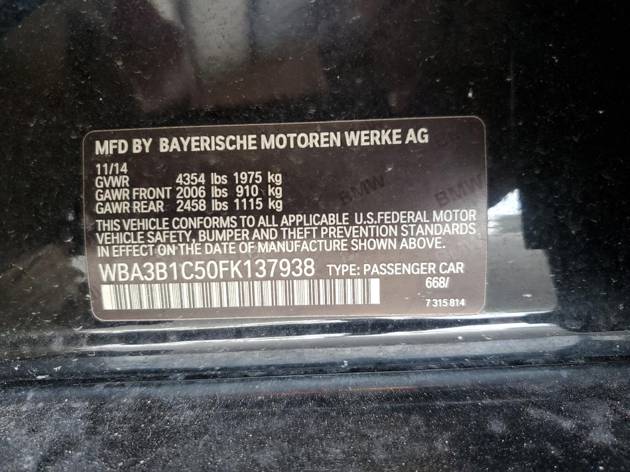 WBA3B1C50FK137938 2015 BMW 320 I