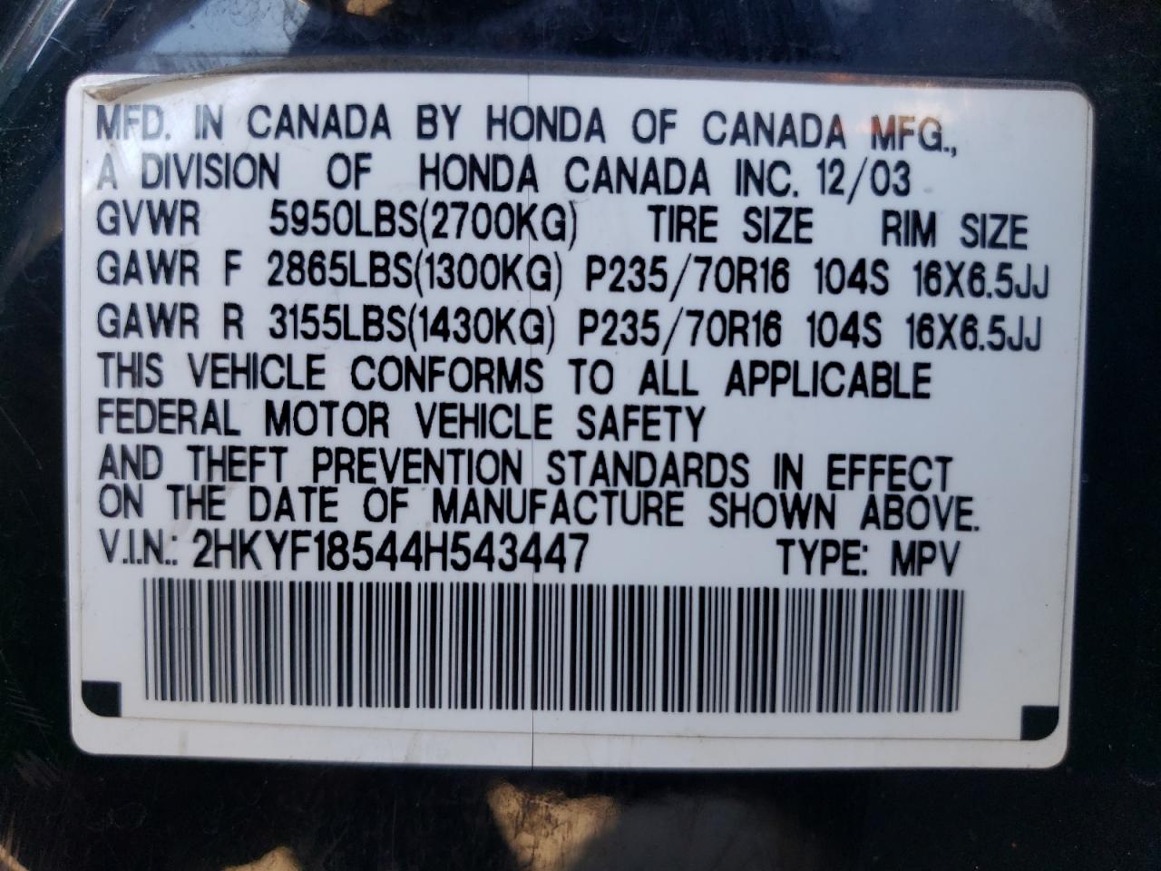 2004 Honda Pilot Exl VIN: 2HKYF18544H543447 Lot: 72588774