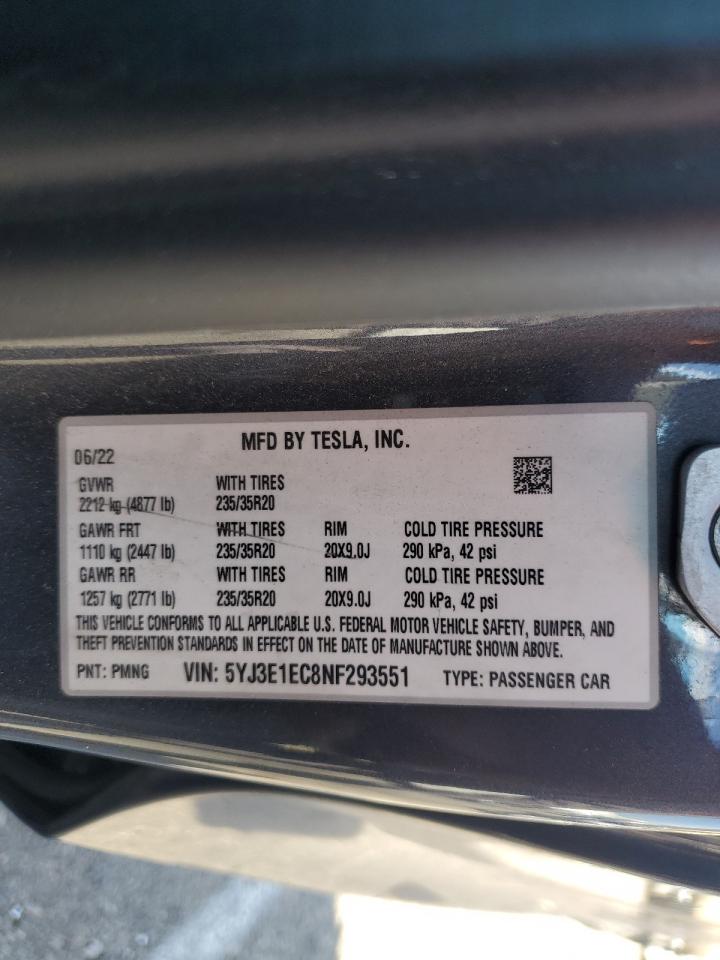 5YJ3E1EC8NF293551 2022 Tesla Model 3