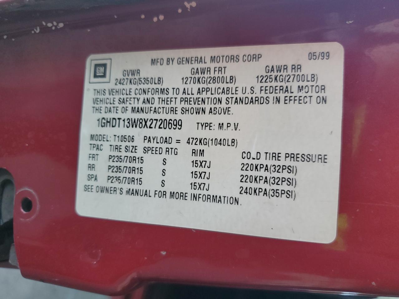 1GHDT13W8X2720699 1999 Oldsmobile Bravada