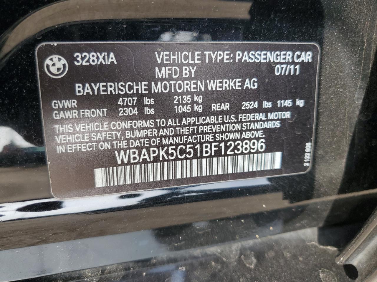 2011 BMW 328 Xi Sulev VIN: WBAPK5C51BF123896 Lot: 71290724