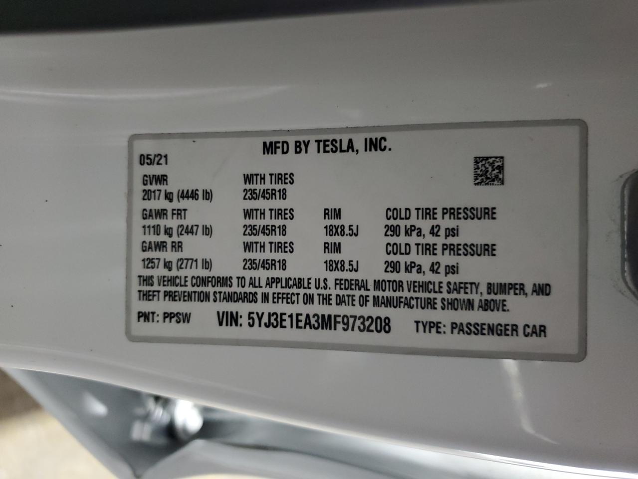 5YJ3E1EA3MF973208 2021 Tesla Model 3