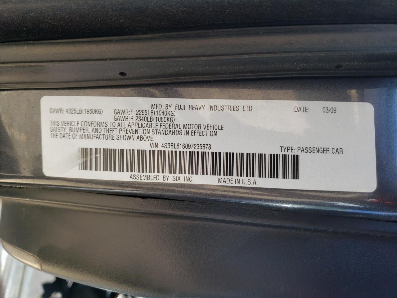 4S3BL616097235878 2009 Subaru Legacy 2.5I