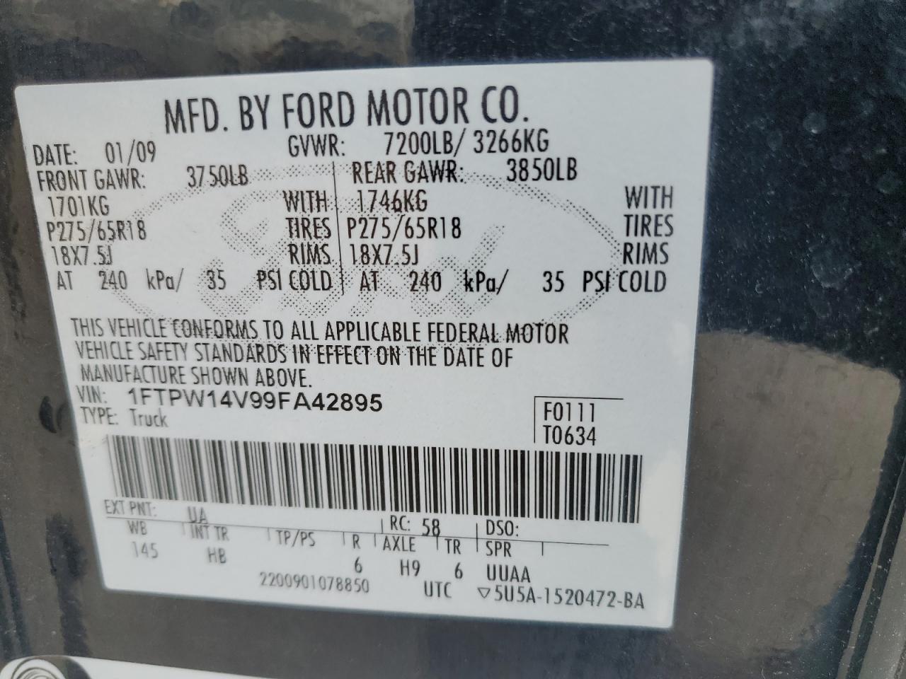 1FTPW14V99FA42895 2009 Ford F150 Supercrew