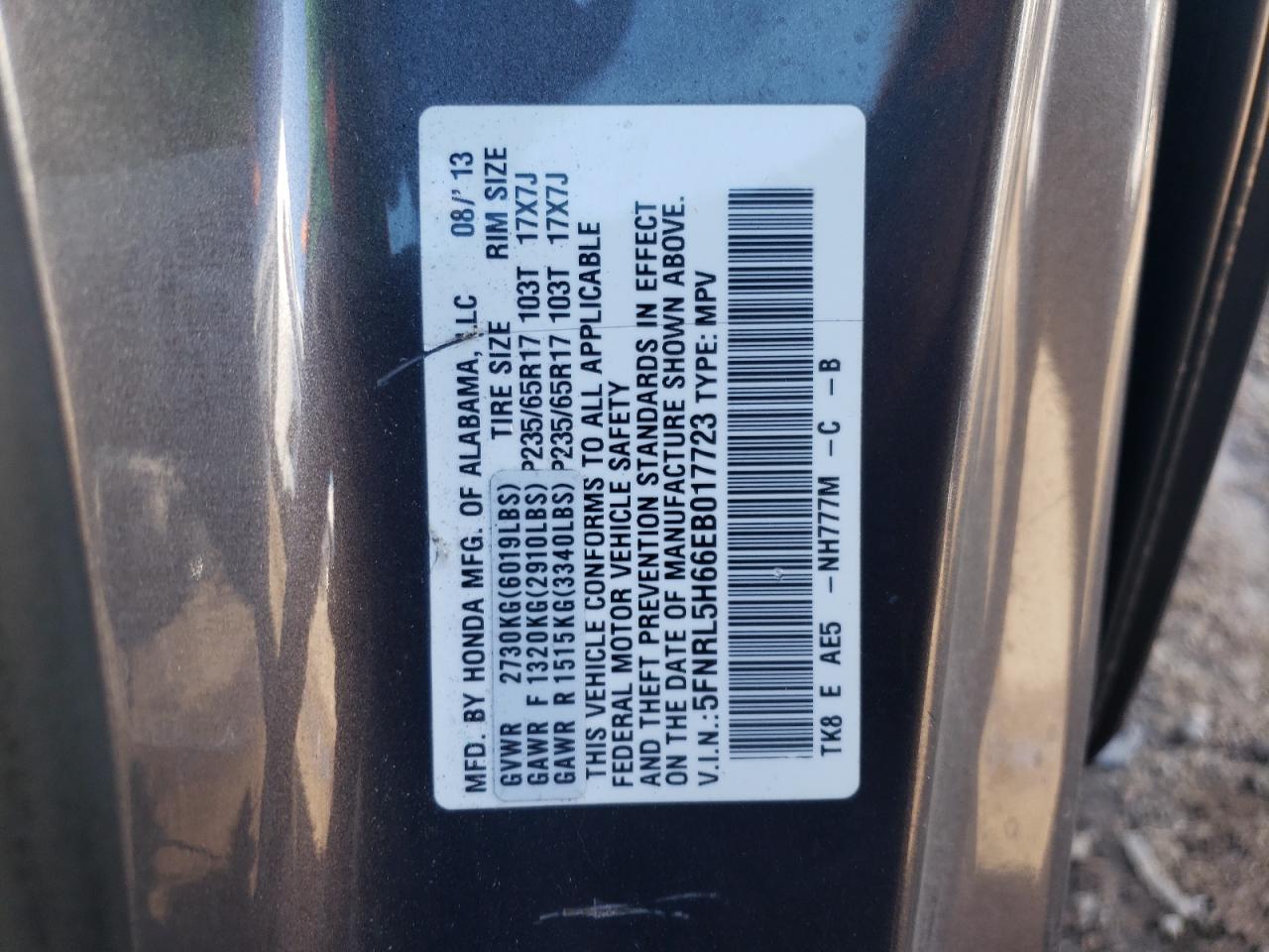 5FNRL5H66EB017723 2014 Honda Odyssey Exl