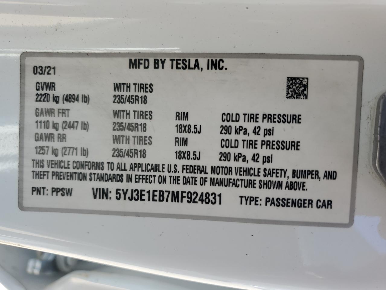 2021 Tesla Model 3 VIN: 5YJ3E1EB7MF924831 Lot: 71655744