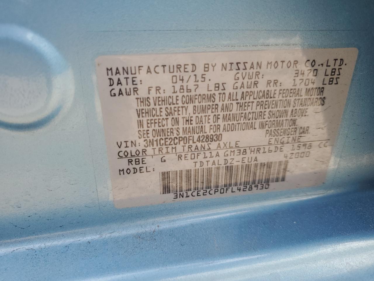 3N1CE2CP0FL428930 2015 Nissan Versa Note S