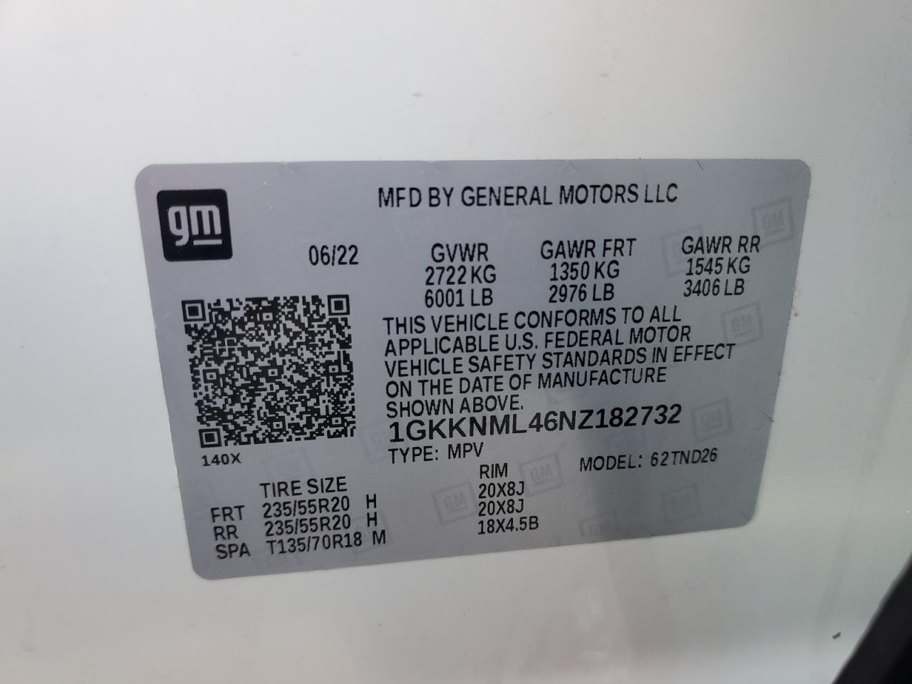 1GKKNML46NZ182732 2022 GMC Acadia Slt