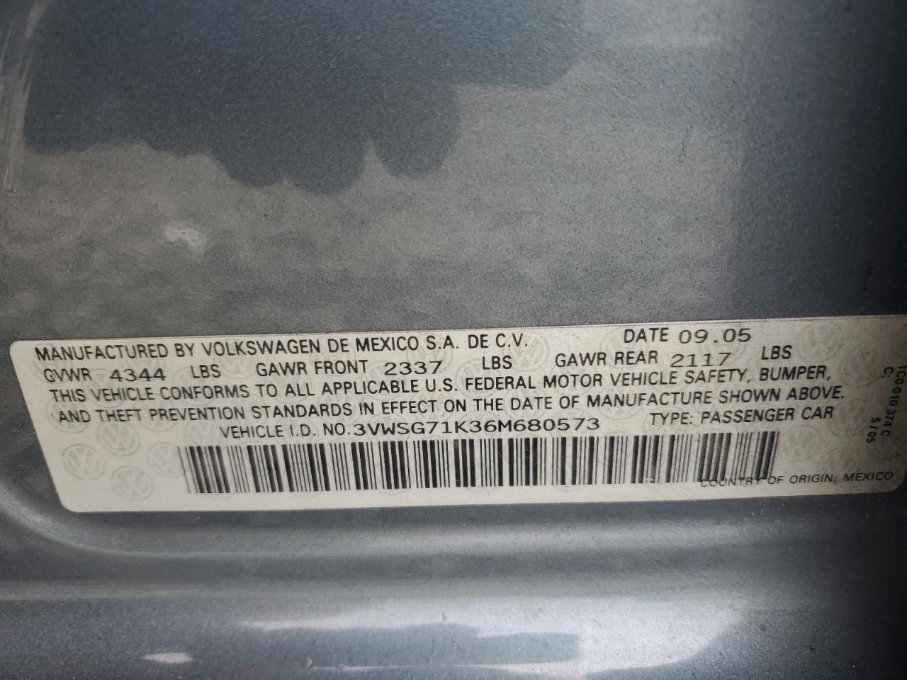 2006 Volkswagen Jetta 2.5 Option Package 1 VIN: 3VWSG71K36M680573 Lot: 72835794