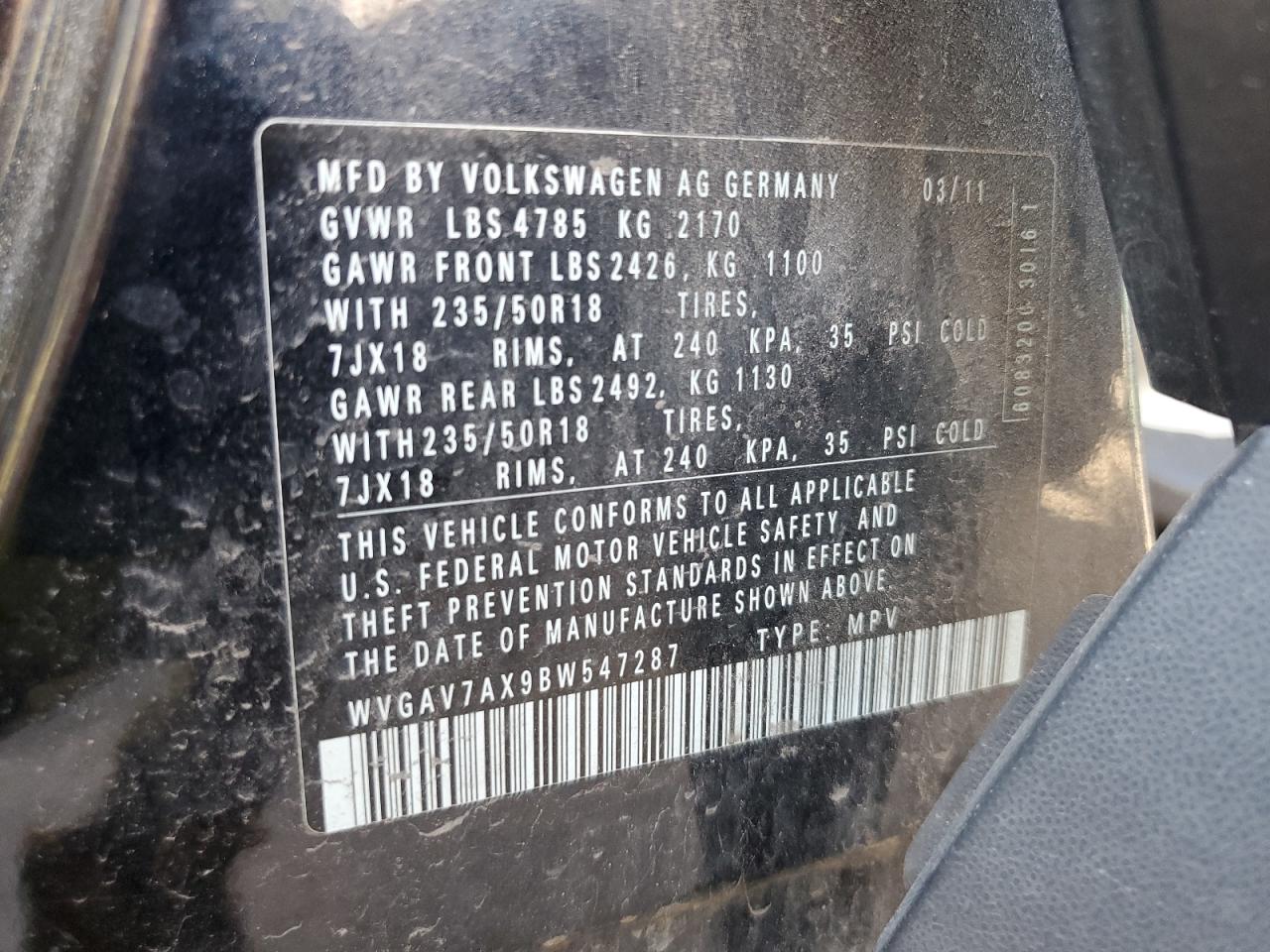 WVGAV7AX9BW547287 2011 Volkswagen Tiguan S